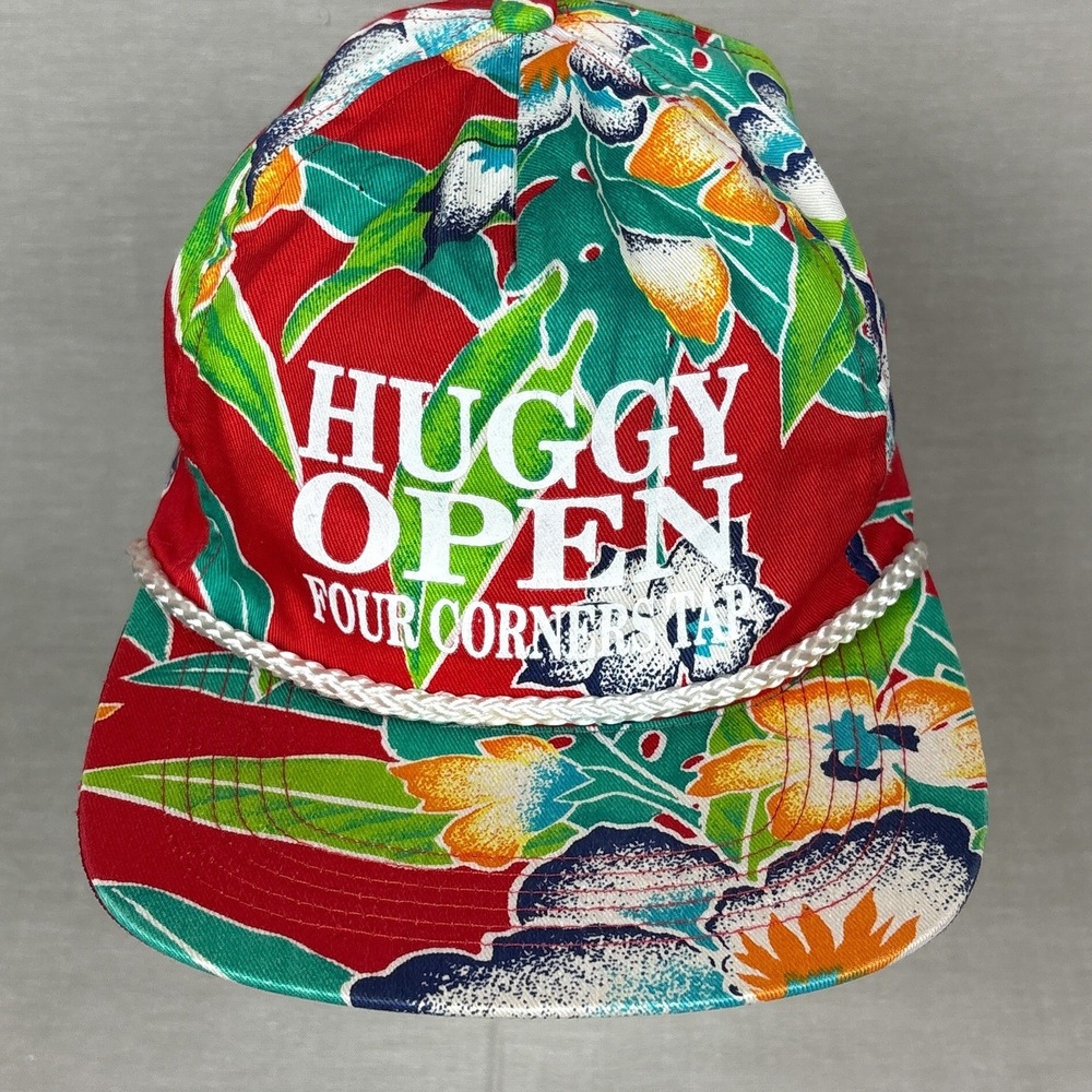 Vintage Red Hawaiian Floral Rope Strapback Hat Huggy Open Golf San Sun